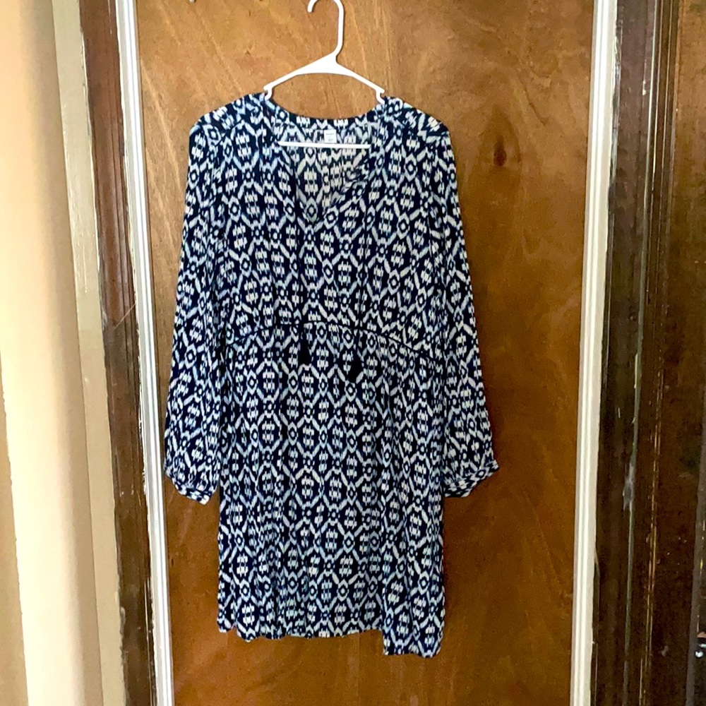 Navy Blue Ikat Print Long Sleeve Dress NWT